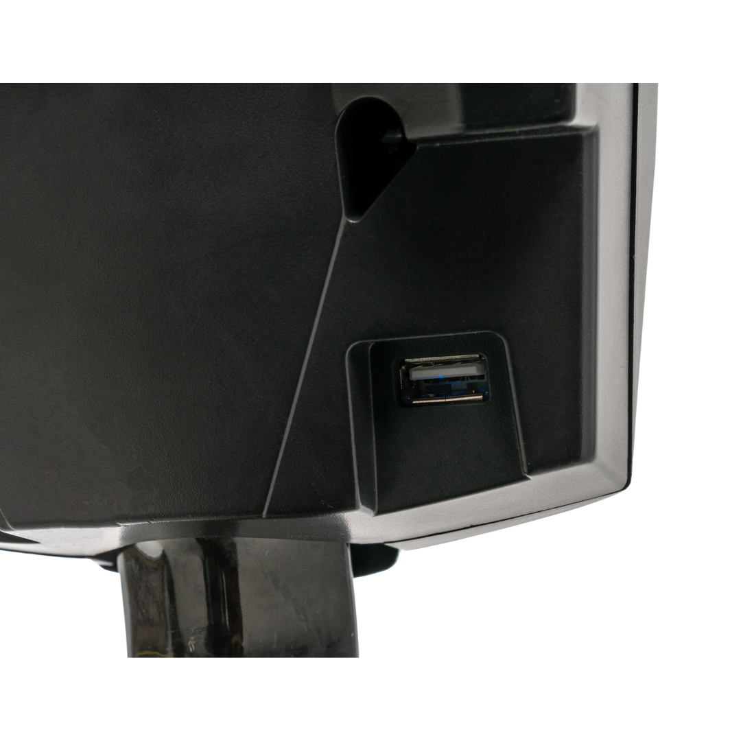 Close-up of a black device with a USB port on a vertical stand; its matte surface and angled port ensure easy cable access, reminiscent of the sleek design found in the Pride Mobility Go Go® Super Portable Mobility Scooter.