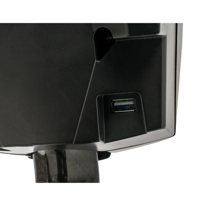 Close-up of a black device with a USB port on a vertical stand; its matte surface and angled port ensure easy cable access, reminiscent of the sleek design found in the Pride Mobility Go Go® Super Portable Mobility Scooter.
