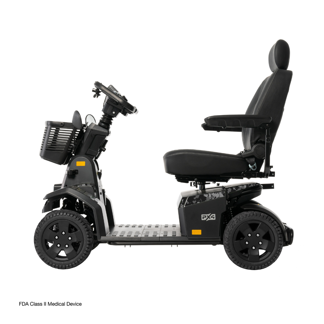 Side view of a Pride Mobility PX4 HD Bariatric Scooter in black with large wheels, padded seat, armrests, backrest, and front basket. Text at the bottom reads “FDA Class II Medical Device.”.