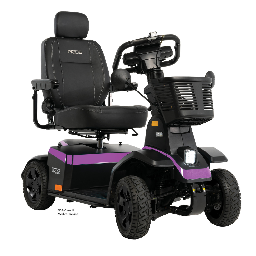 The Pride Mobility PX4 HD Bariatric Scooter is a black and purple four-wheel scooter with long range, cushioned swivel seat, armrests, headrest, and front basket—ideal for individuals with limited mobility.