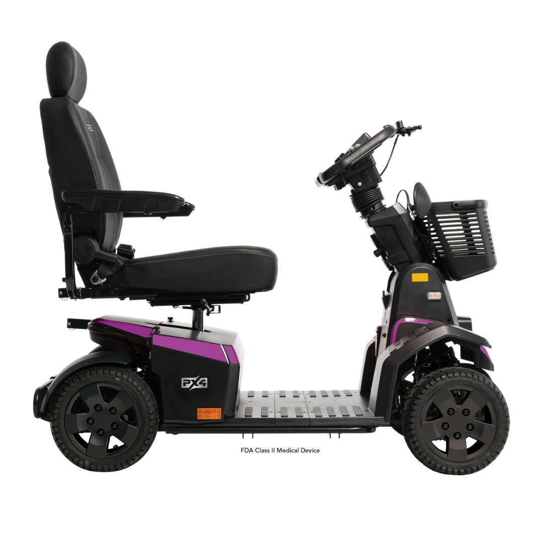 The Pride Mobility PX4 HD Bariatric Scooter is a four-wheeled scooter in black and purple, offering high weight capacity, a padded seat with armrests, handlebar controls, and a front storage basket.