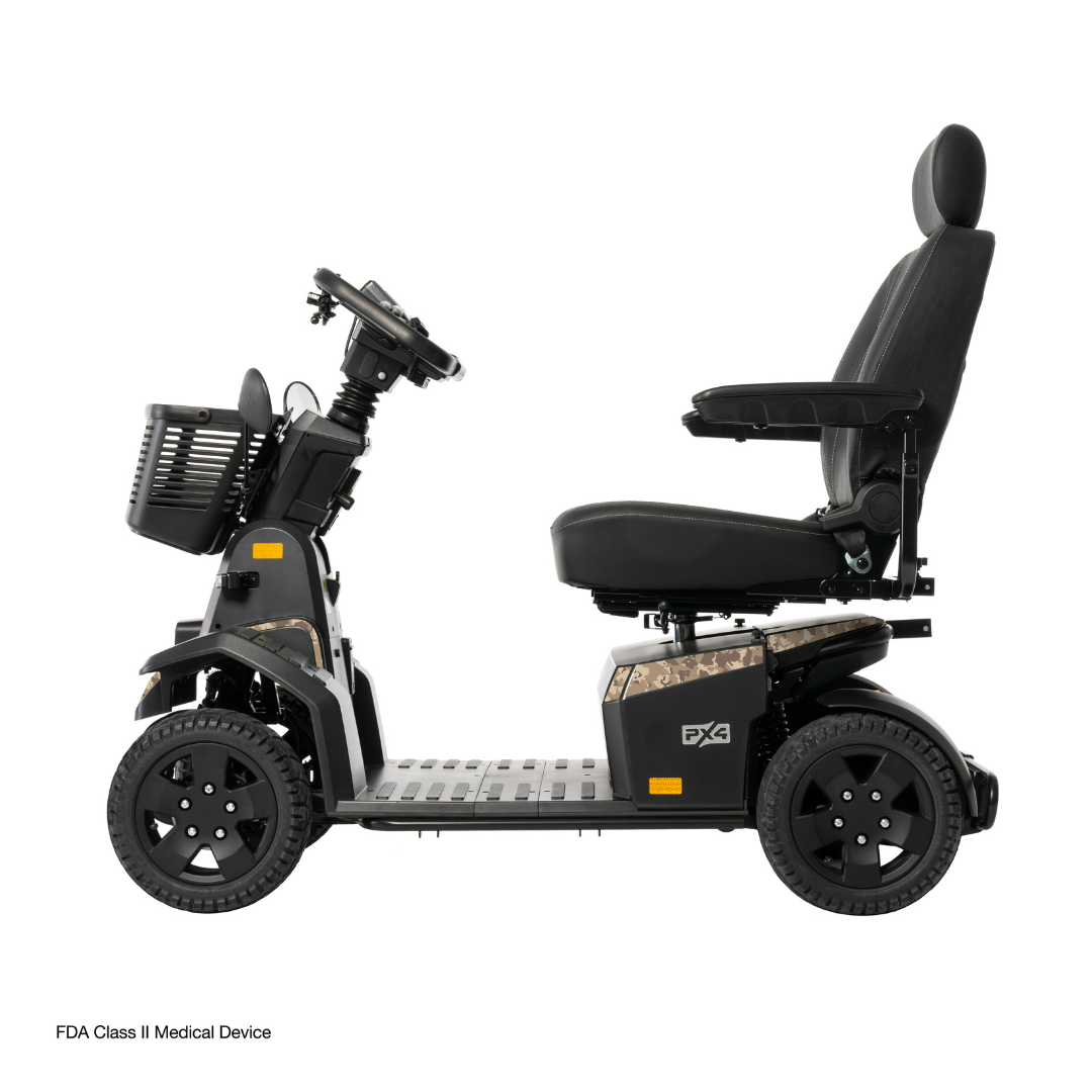 A side view of the Pride Mobility PX4 HD Bariatric Scooter, a four-wheeled personal mobility aid with a black seat, steering handles, basket, and durable tires. Text in the corner reads FDA Class II Medical Device.