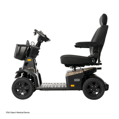 A side view of the Pride Mobility PX4 HD Bariatric Scooter, a four-wheeled personal mobility aid with a black seat, steering handles, basket, and durable tires. Text in the corner reads FDA Class II Medical Device.