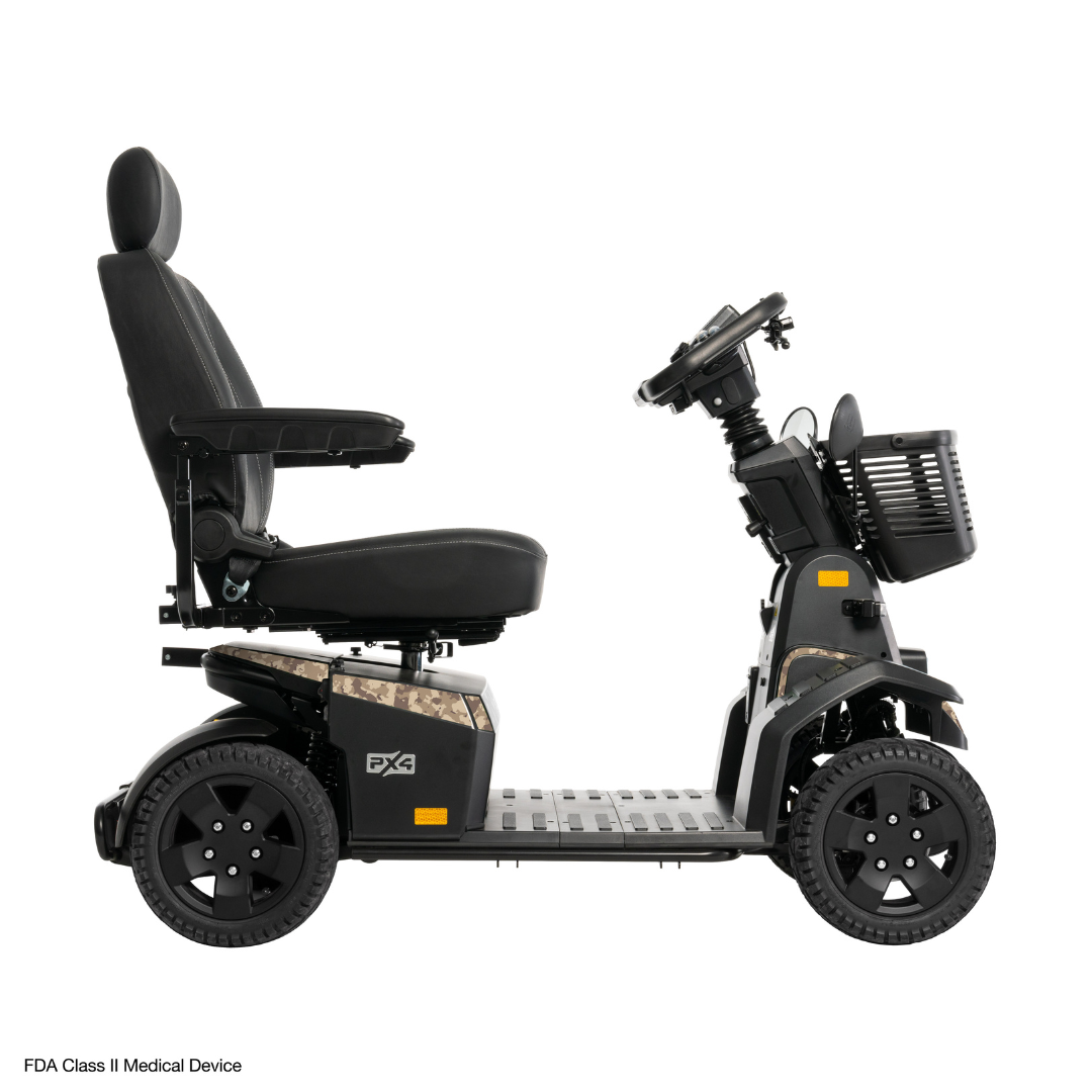 The Pride Mobility PX4 HD Bariatric Scooter, shown in side profile on a white background, is a black, four-wheeled long range scooter featuring a high-backed seat, armrests, and a front basket.