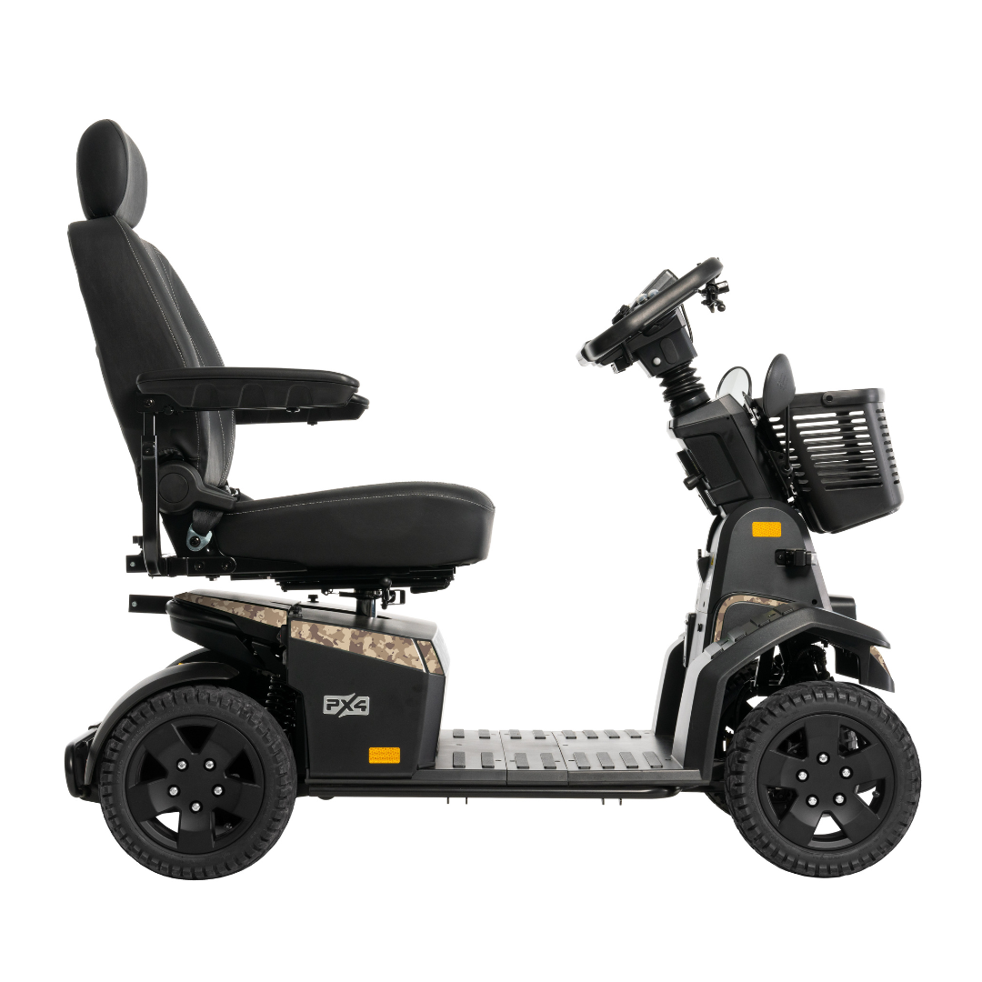 The Pride Mobility PX4 HD Bariatric Scooter is a black, four-wheeled long-range model with a high-backed seat, armrests, and a front basket, shown from the side against a white background.