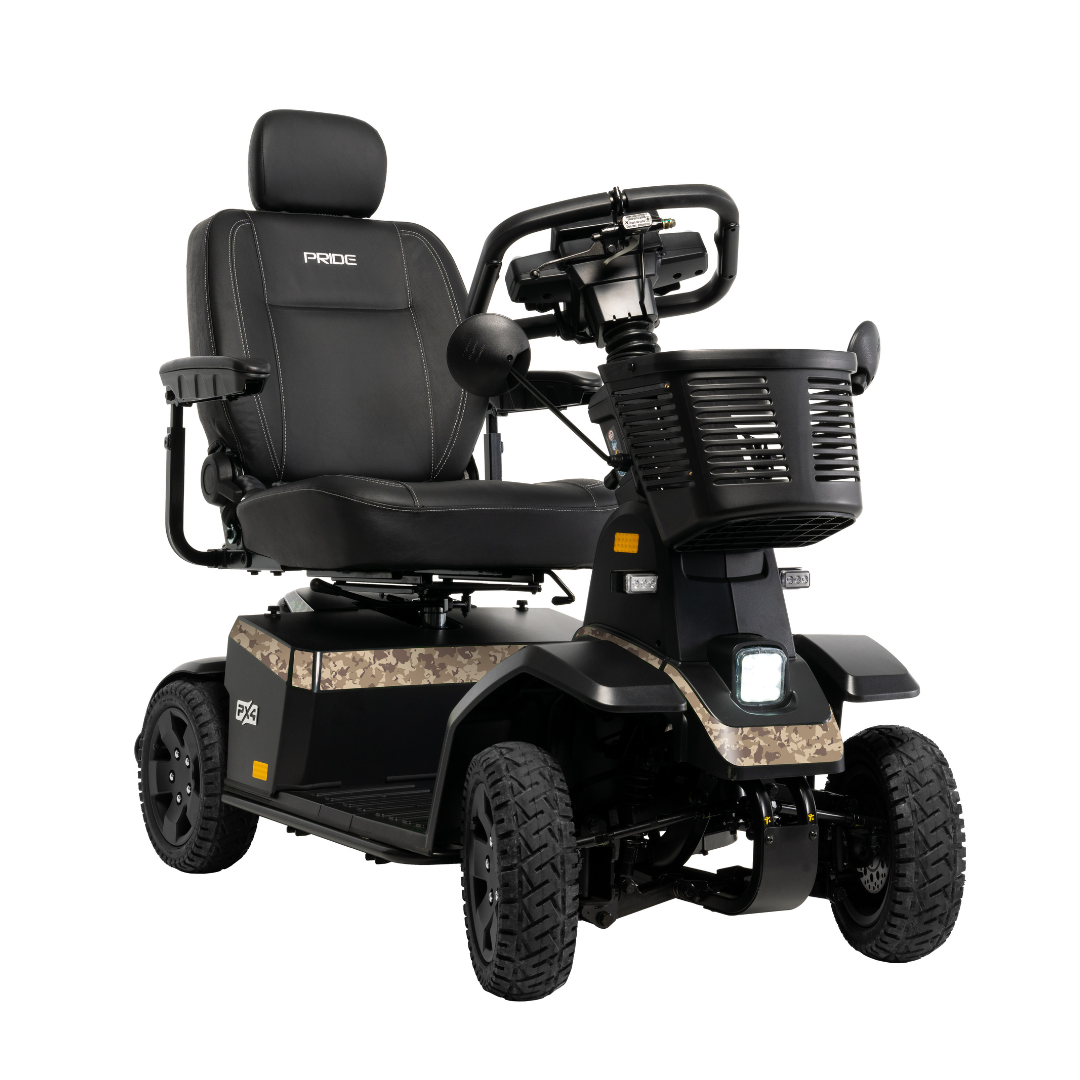 The Pride Mobility PX4 HD Bariatric Scooter is a black, four-wheeled mobility scooter with a padded seat, adjustable armrests and backrest, front basket, rugged tires, camouflage accents, and a front headlight.