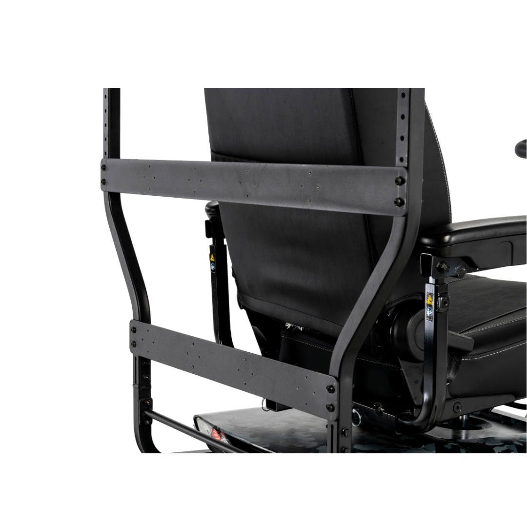 Close-up of the Pride Mobility PX4 HD Bariatric Scooter’s seat back, displaying the frame, armrest, sturdy backrest with visible screws, and PX4 metal support bars designed for enhanced durability.