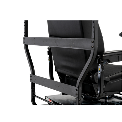 Close-up of the Pride Mobility PX4 HD Bariatric Scooter’s seat back, displaying the frame, armrest, sturdy backrest with visible screws, and PX4 metal support bars designed for enhanced durability.