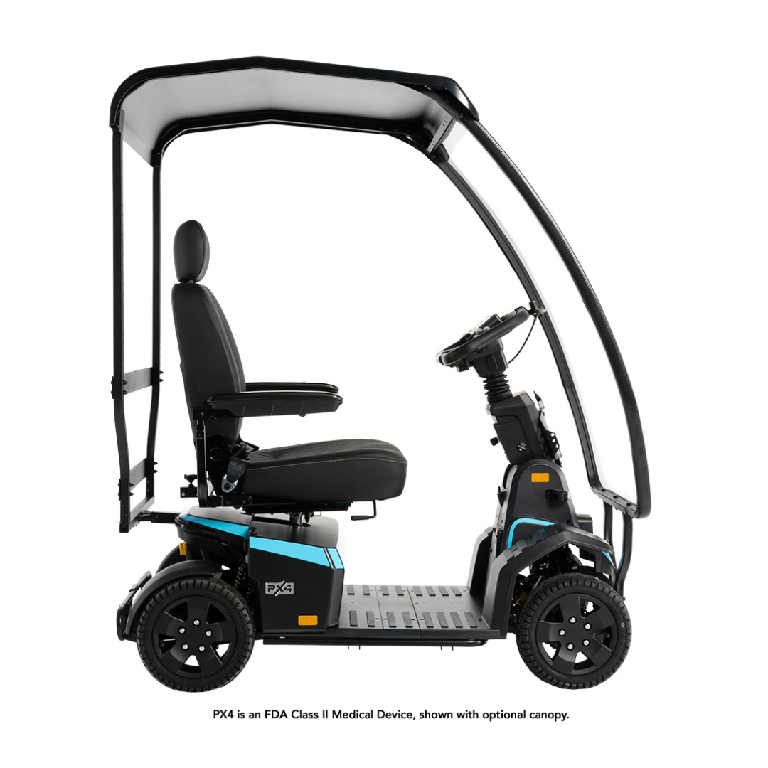 A black and blue Pride Mobility PX4 HD Bariatric Scooter with a high-back seat, adjustable armrests, and a transparent overhead canopy, shown from the side on a white background.