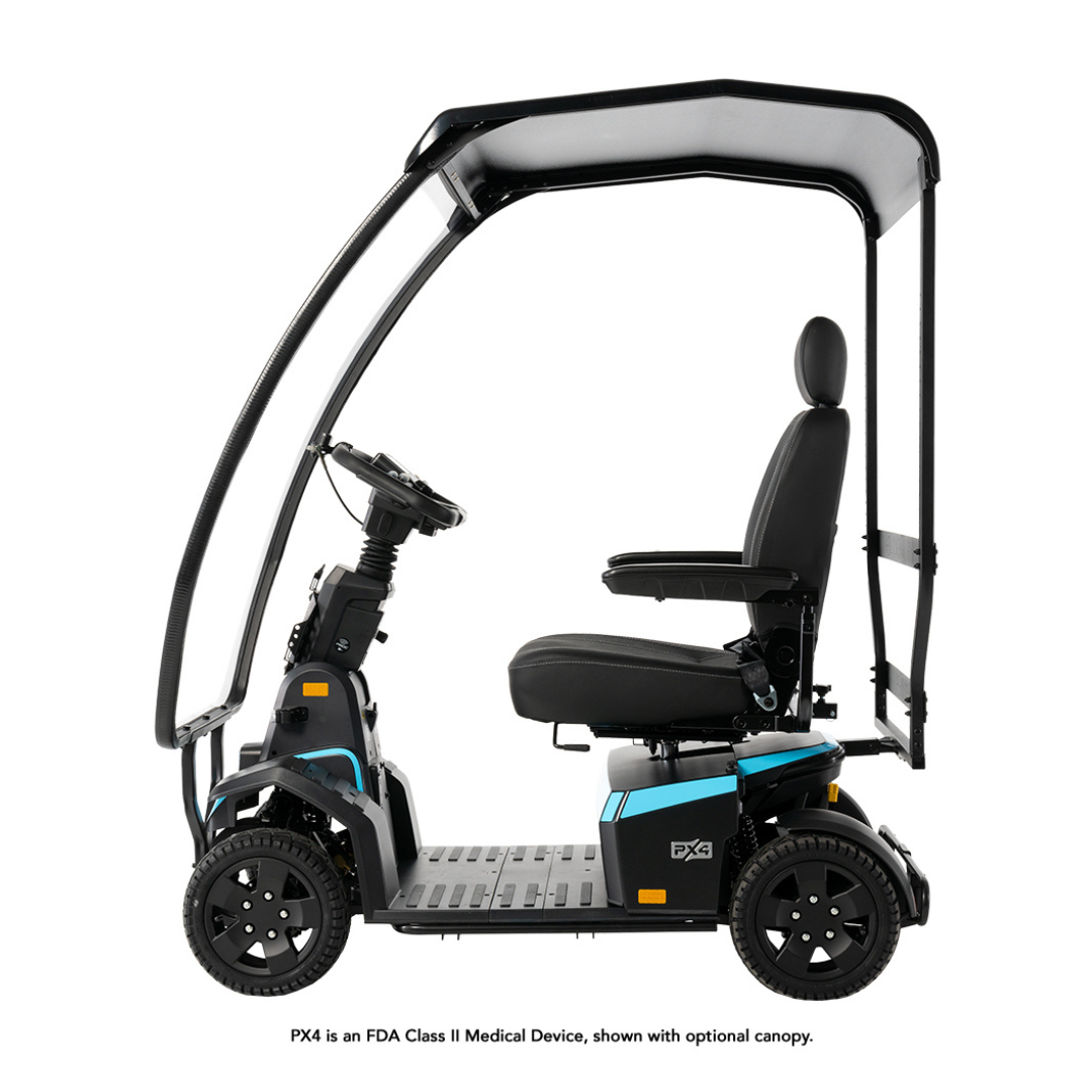 The Pride Mobility PX4 HD Bariatric Scooter is a black, four-wheel mobility scooter with a roof canopy, adjustable seat, and armrests, shown in profile on a white background.