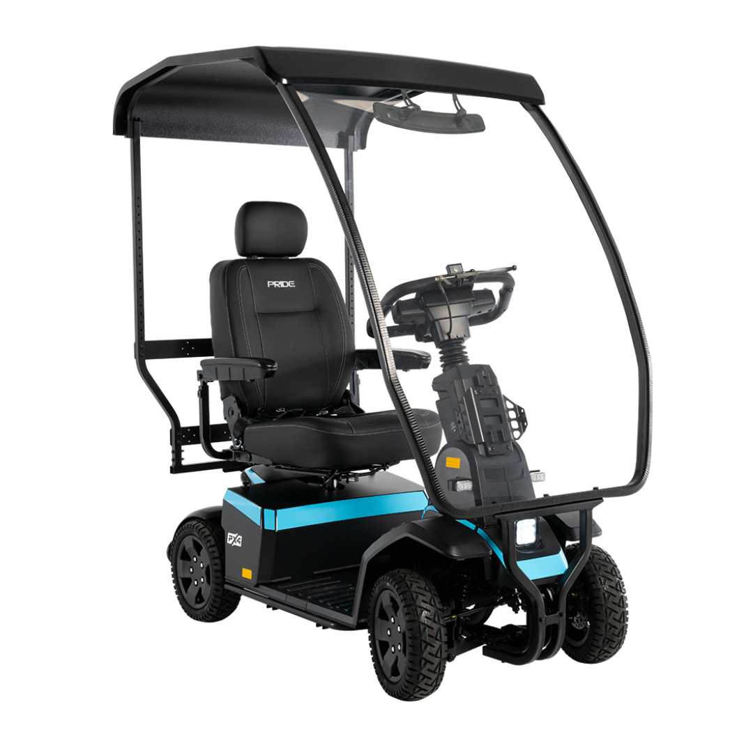 The Pride Mobility PX4 HD Bariatric Scooter offers a single seat, roof, transparent windshield, rugged tires, and padded armrests in a black and blue design—combining comfort and style for bariatric users.