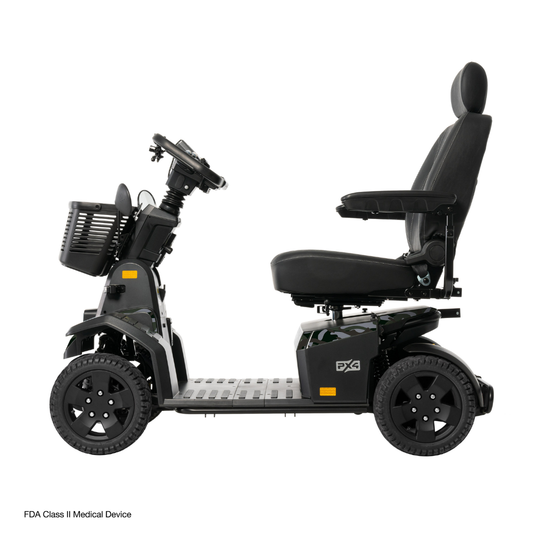 Side view of the Pride Mobility PX4 HD Bariatric Scooter featuring a black seat, armrests, control panel, and front basket—designed by Pride Mobility for users with mobility needs.
