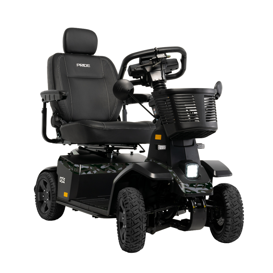 The Pride Mobility PX4 HD Bariatric Scooter in black offers a padded seat, headrest, armrests, control panel, front basket, and rugged tires—ideal for outdoor and all-terrain use.