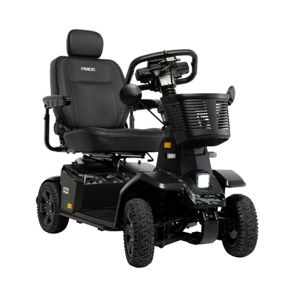 The Pride Mobility PX4 HD Bariatric Scooter in black offers a padded seat, headrest, armrests, control panel, front basket, and rugged tires—ideal for outdoor and all-terrain use.