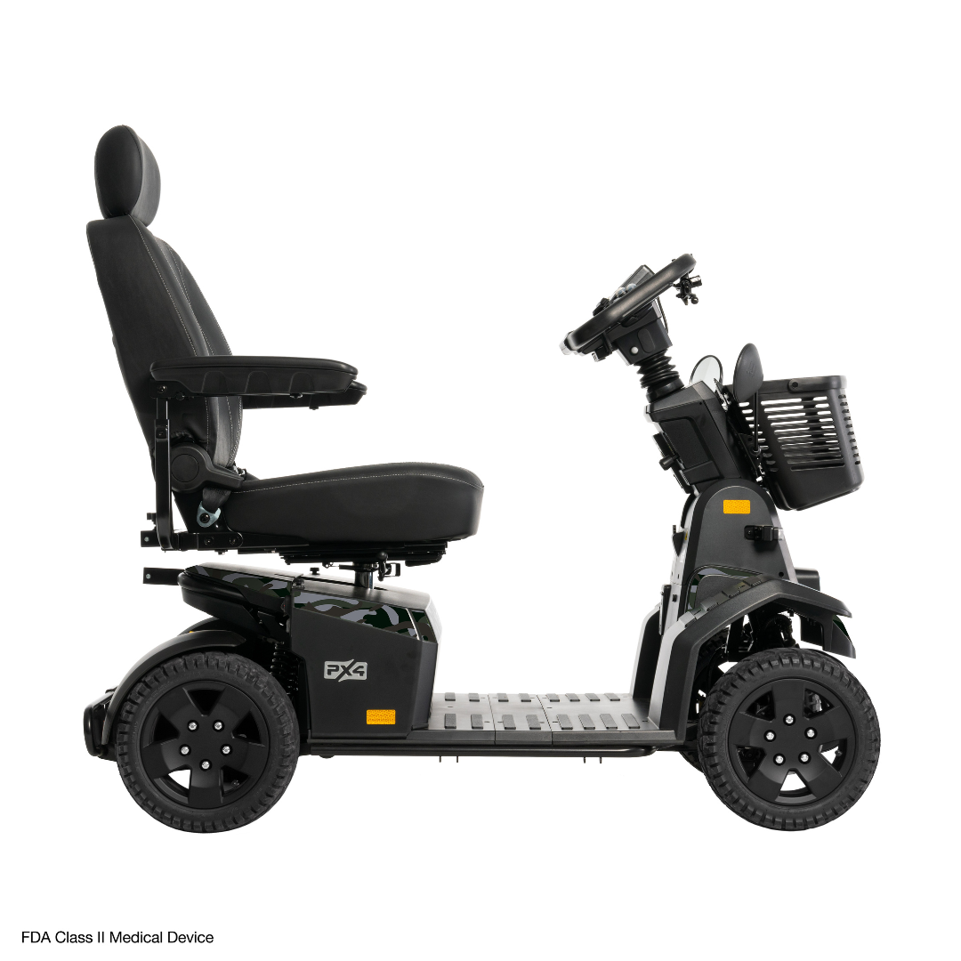 Side view of the Pride Mobility PX4 HD Bariatric Scooter, a four-wheel model featuring a black seat, armrests, control panel, front basket, and sturdy tires for reliable stability.
