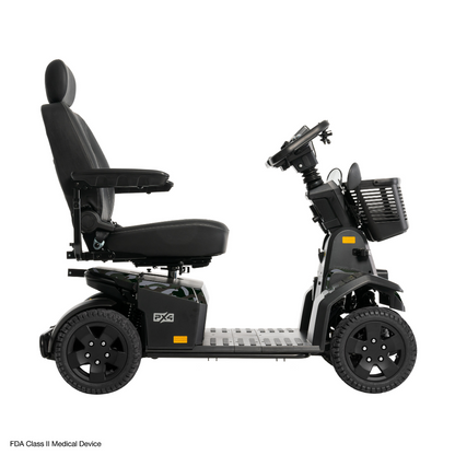 Side view of the Pride Mobility PX4 HD Bariatric Scooter, a four-wheel model featuring a black seat, armrests, control panel, front basket, and sturdy tires for reliable stability.