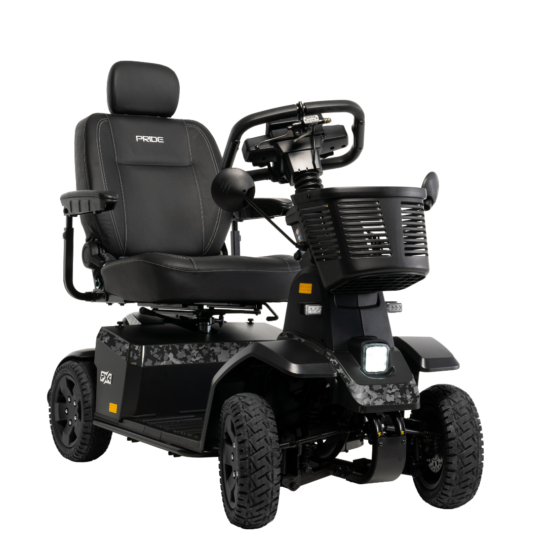 The Pride Mobility PX4 HD Bariatric Scooter is a black, four-wheel scooter with padded seat, headrest, armrests, and handlebars. It features large tires and a front light for long-range comfort and accessibility.