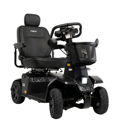 The Pride Mobility PX4 HD Bariatric Scooter is a black, four-wheel scooter with padded seat, headrest, armrests, and handlebars. It features large tires and a front light for long-range comfort and accessibility.