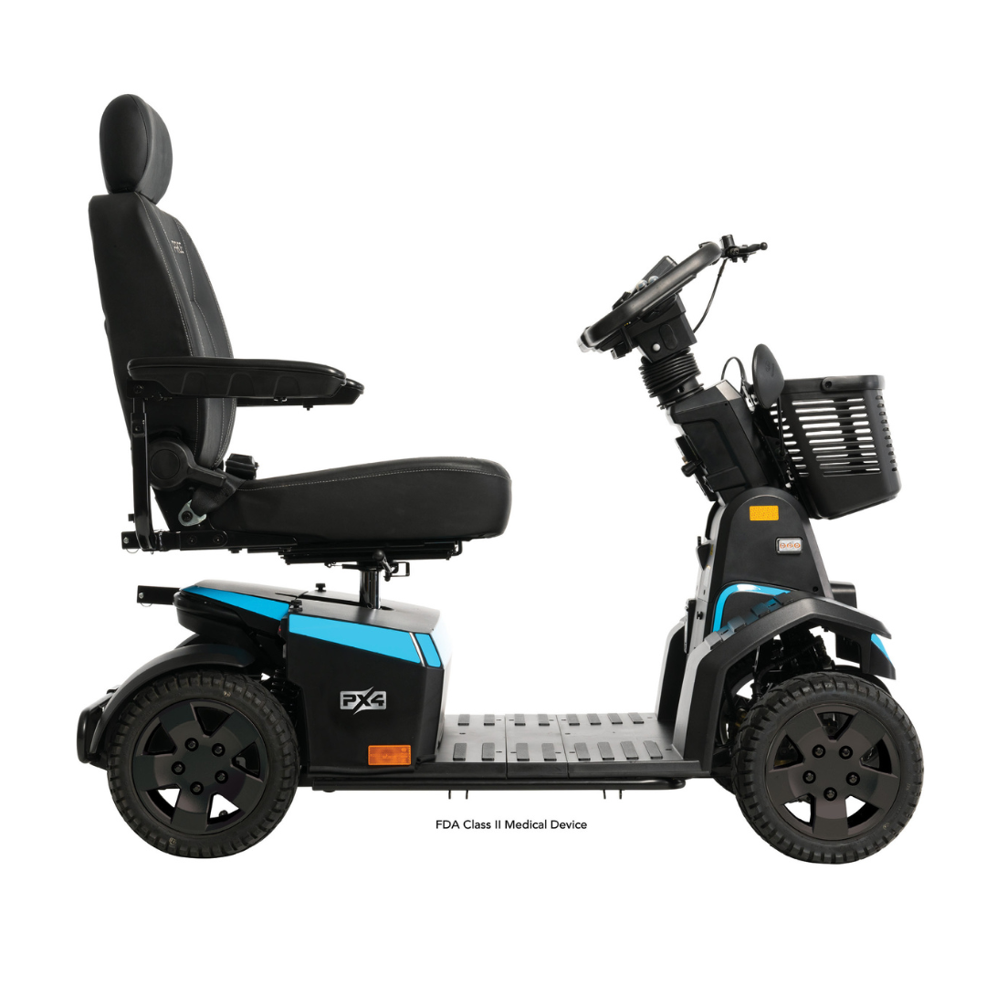 Side view of the Pride Mobility PX4 HD Bariatric Scooter in black and blue, featuring four wheels, a padded seat with armrests and headrest, front basket, handlebar control panel, and a 500 lb weight capacity.