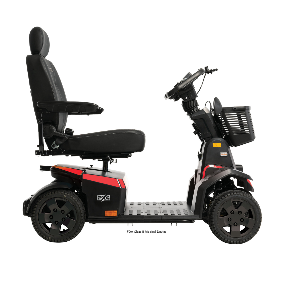 Side view of the Pride Mobility PX4 HD Bariatric Scooter in black and red with four wheels, padded seat, armrests, backrest, front basket, and a 500 lb weight capacity—built for maximum accessibility and comfort.