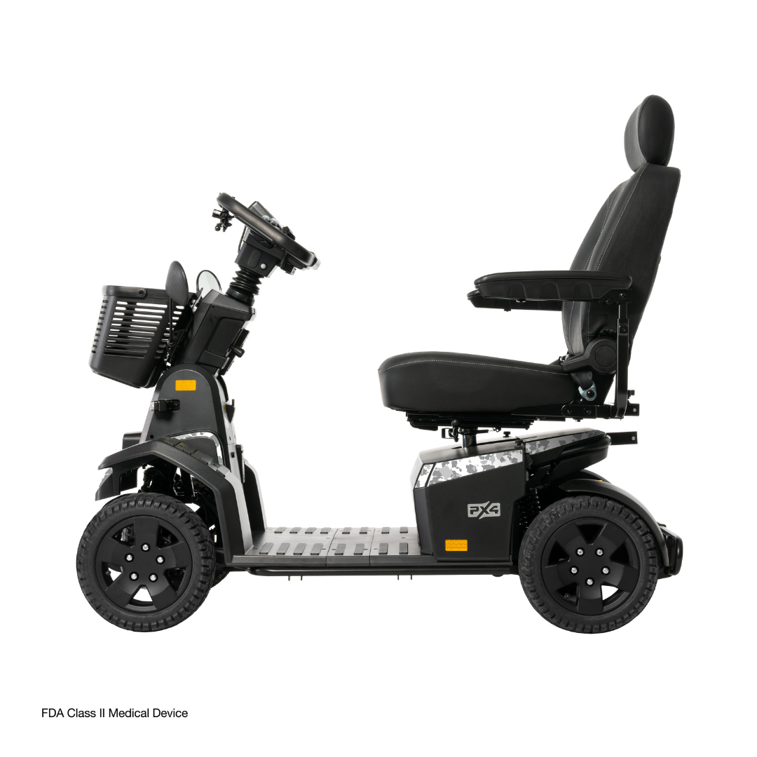 Side view of the Pride Mobility PX4 HD Bariatric Scooter with a cushioned seat, armrests, high backrest, four wheels, and front basket. Text in the corner reads: FDA Class II Medical Device.