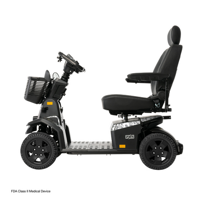 Side view of the Pride Mobility PX4 HD Bariatric Scooter with a cushioned seat, armrests, high backrest, four wheels, and front basket. Text in the corner reads: FDA Class II Medical Device.