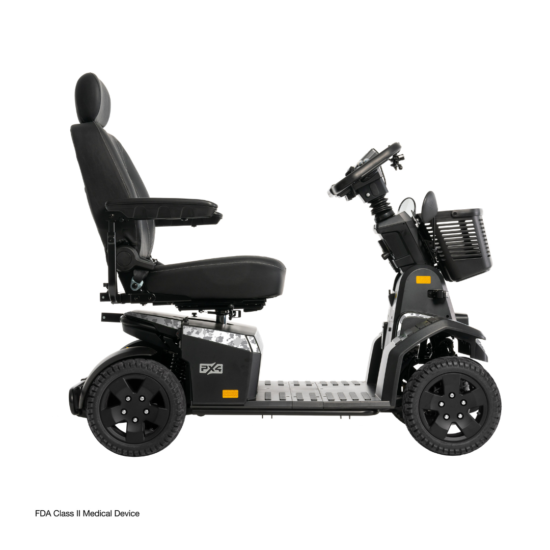 Side view of the Pride Mobility PX4 HD Bariatric Scooter with a high-backed seat, armrests, front basket, large tires, and sturdy frame. This scooter supports up to 500 lbs for reliable mobility assistance.
