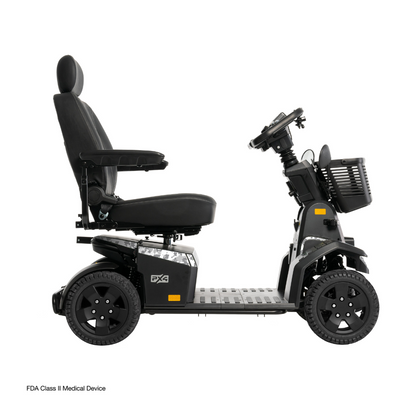Side view of the Pride Mobility PX4 HD Bariatric Scooter with a high-backed seat, armrests, front basket, large tires, and sturdy frame. This scooter supports up to 500 lbs for reliable mobility assistance.
