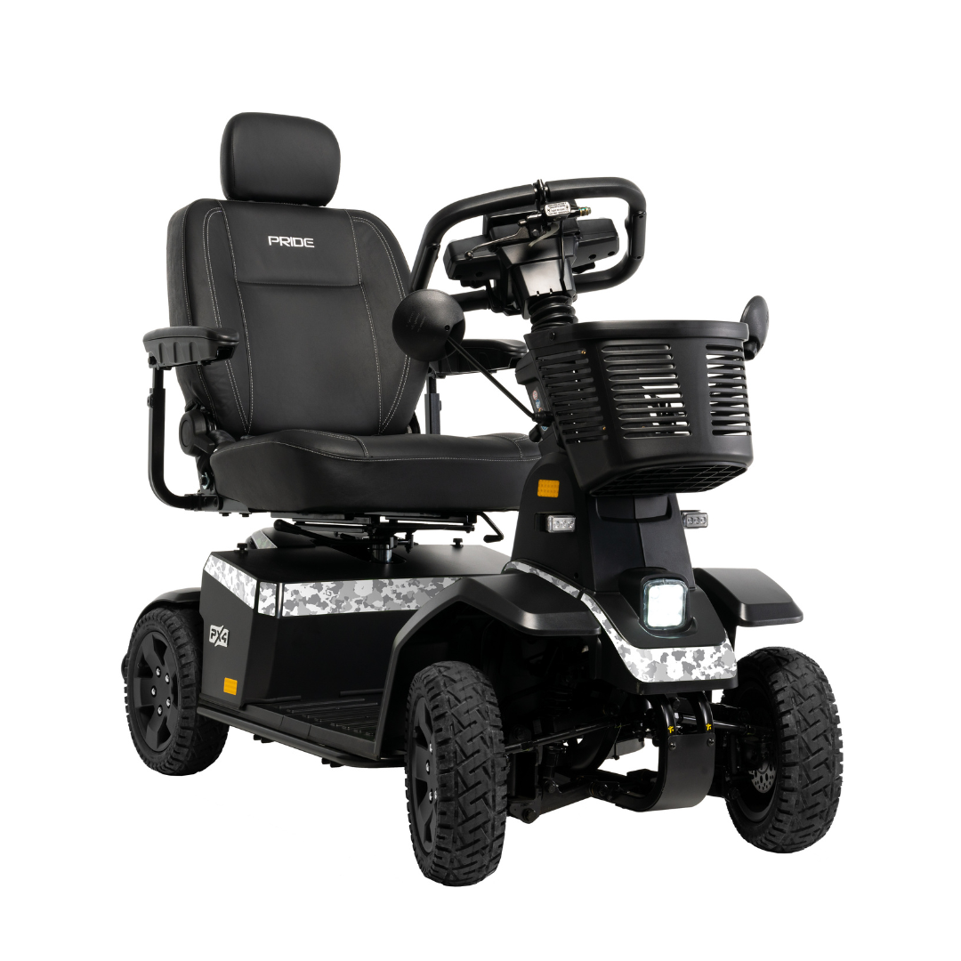 The Pride Mobility PX4 HD Bariatric Scooter is a black, four-wheel mobility scooter with padded seat, armrests, headrest, handlebar controls, and a 500 lb weight capacity for enhanced personal transportation and accessibility.