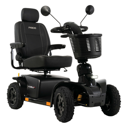 The Pride Mobility Pursuit® 2 Offroad HD Scooter is a black, four-wheeled outdoor scooter with a cushioned seat, armrests, headrest, front basket, side mirrors, and large rugged tires for durable personal mobility assistance.