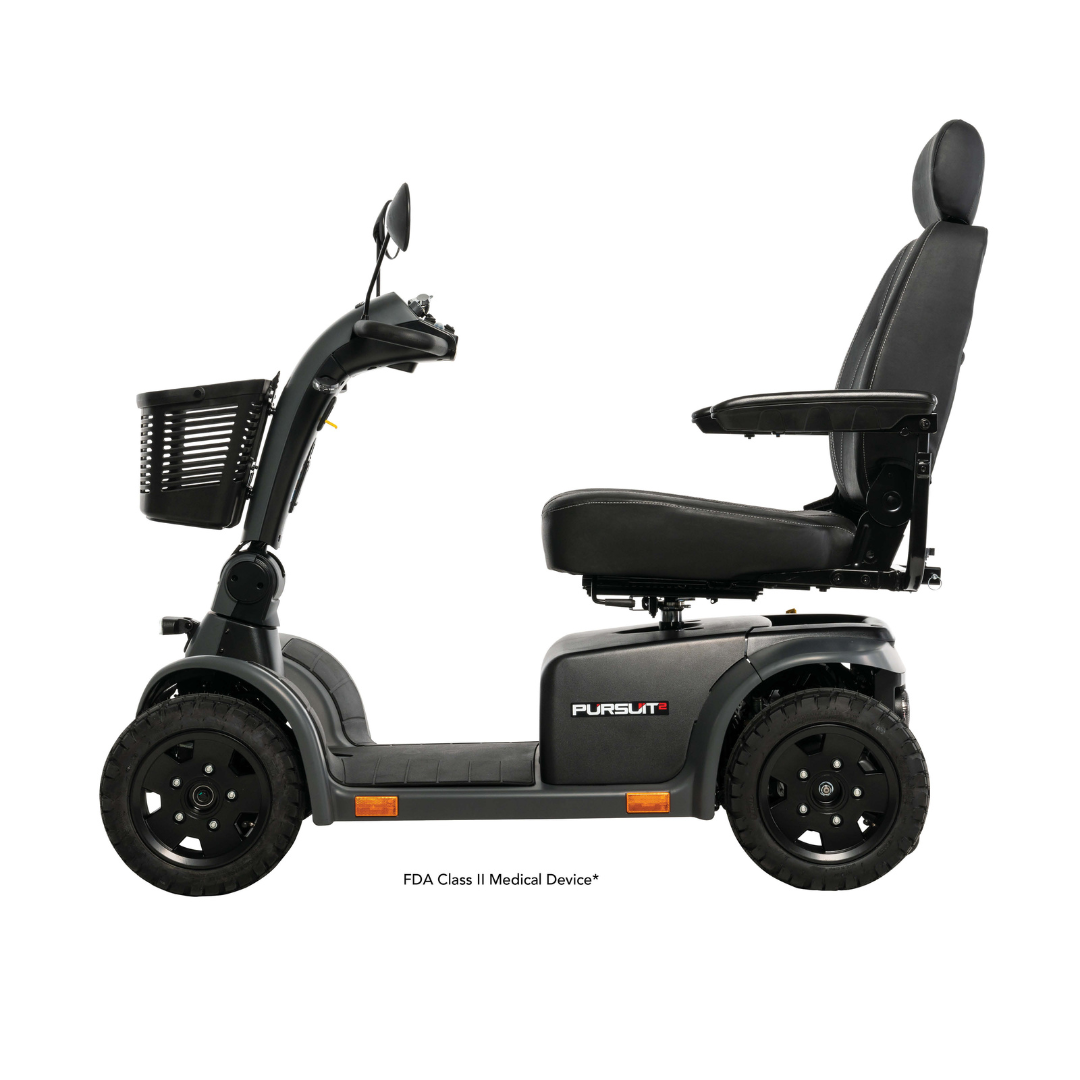 The Pride Mobility Pursuit® 2 Offroad HD Scooter—black, with high backrest, armrests, large wheels, front basket, and handlebar control panel—is shown in profile on a white background; a durable, lightweight choice for outdoor adventures.