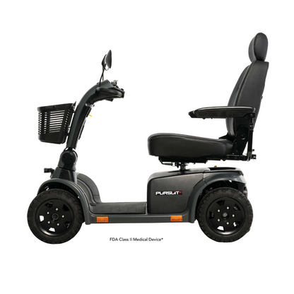 The Pride Mobility Pursuit® 2 Offroad HD Scooter—black, with high backrest, armrests, large wheels, front basket, and handlebar control panel—is shown in profile on a white background; a durable, lightweight choice for outdoor adventures.