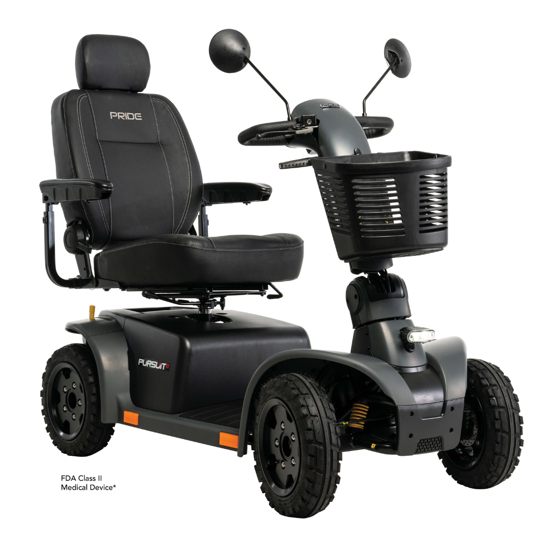 The Pride Mobility Pursuit® 2 Offroad HD Scooter is a black outdoor mobility scooter featuring a cushioned seat, armrests, backrest, control handles, and front basket—ideal for personal transportation.