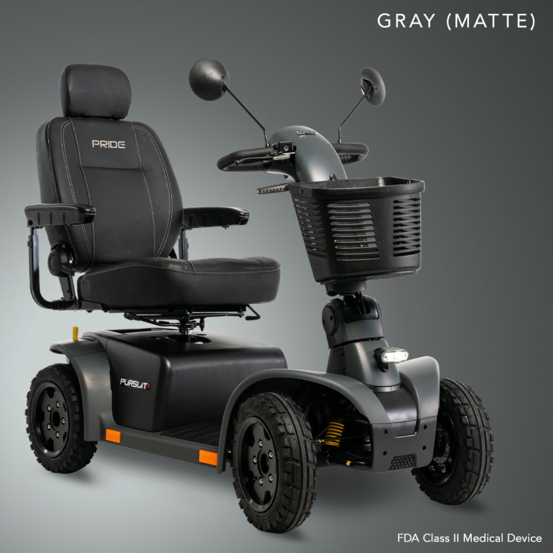 The Pride Mobility Pursuit® 2 Offroad HD Scooter is displayed in matte gray with a black cushioned seat, headrest, armrests, rearview mirrors, front basket, and large rugged wheels—perfect for durable outdoor mobility.