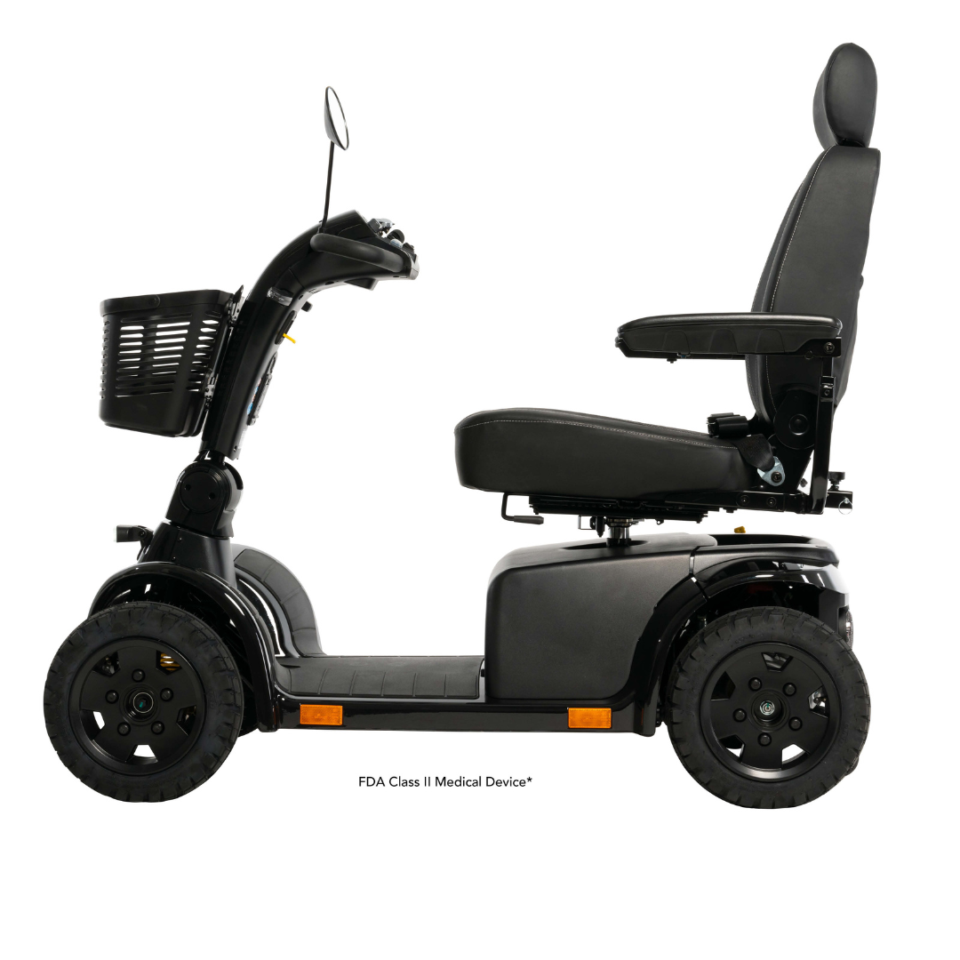 Side view of the Pride Mobility Pursuit® 2 Offroad HD Scooter in black, featuring a high-back seat with armrests, large wheels, front basket, and handlebar control panel. FDA Class II Medical Device* label appears below this durable lightweight scooter.
