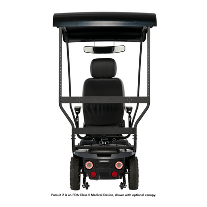Rear view of a black Pride Mobility Pursuit® 2 Offroad HD Scooter with optional canopy, headrest, backrest, rearview mirror, and visible lights. Text at the bottom notes it is a Class II Medical Device.