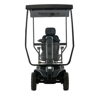 The Pride Mobility Pursuit® 2 Offroad HD Scooter is a black outdoor scooter with a canopy, large wheels, armrests, headrest, and clear windshield—designed for durable, lightweight comfort and optimal mobility outdoors.