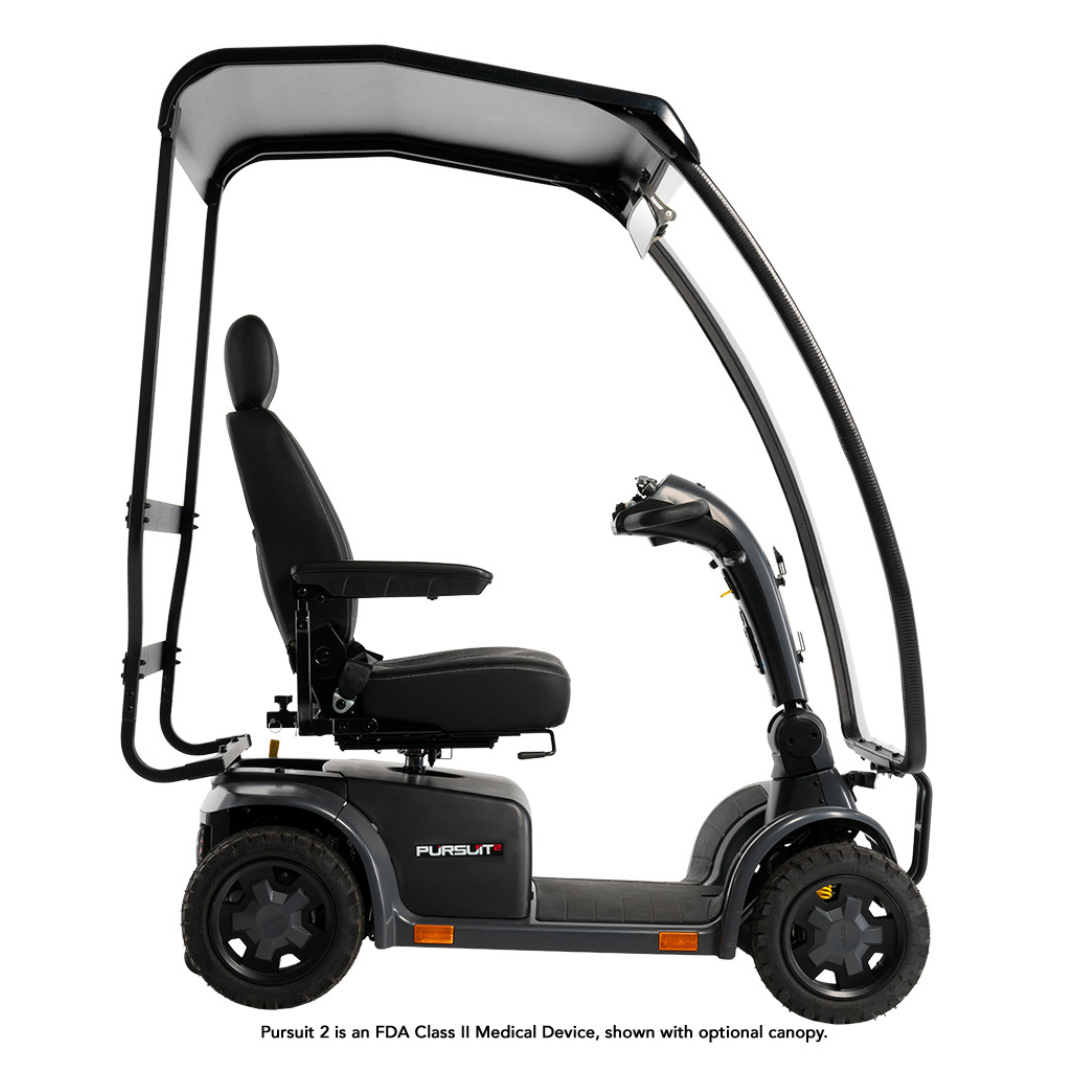 The Pride Mobility Pursuit® 2 Offroad HD Scooter is a durable, lightweight, four-wheel mobility scooter featuring a padded seat, armrests, and an overhead canopy attachment, displayed in a side view on a white background.