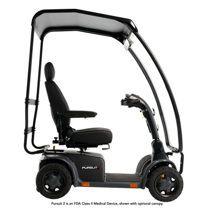 The Pride Mobility Pursuit® 2 Offroad HD Scooter is a durable, lightweight, four-wheel mobility scooter featuring a padded seat, armrests, and an overhead canopy attachment, displayed in a side view on a white background.