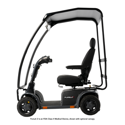 The Pride Mobility Pursuit® 2 Offroad HD Scooter is a black outdoor model with a roof canopy, padded seat, armrests, and four wheels. Shown in profile on a white background, this lightweight scooter provides durability, comfort, and protection for daily use.