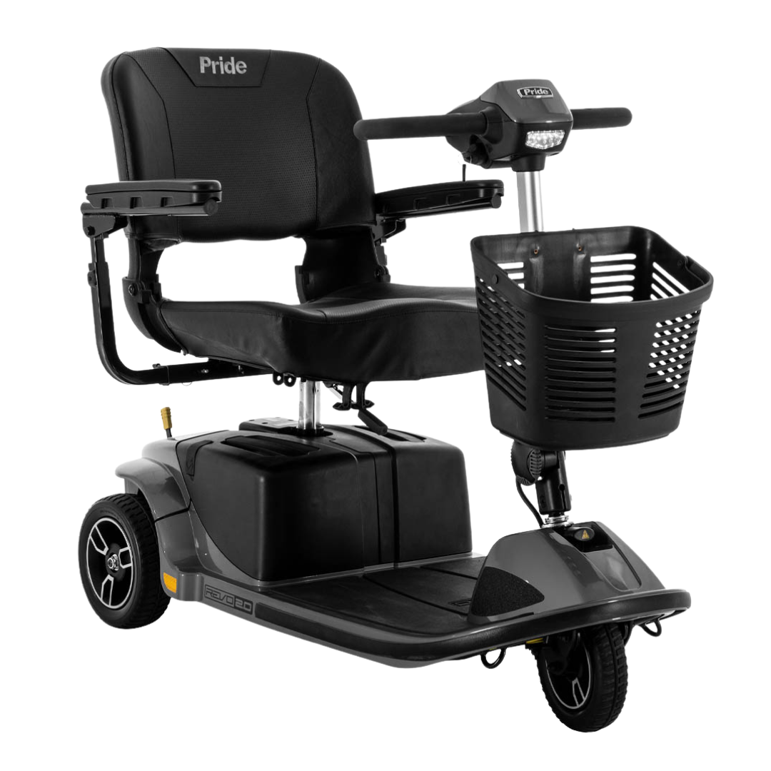 The Pride Mobility Revo® 2.0 3-Wheel Scooter is a black scooter with comfort suspension, padded seat, armrests, and front basket—ideal for indoor and outdoor use. The Pride logo is displayed on the seat headrest.