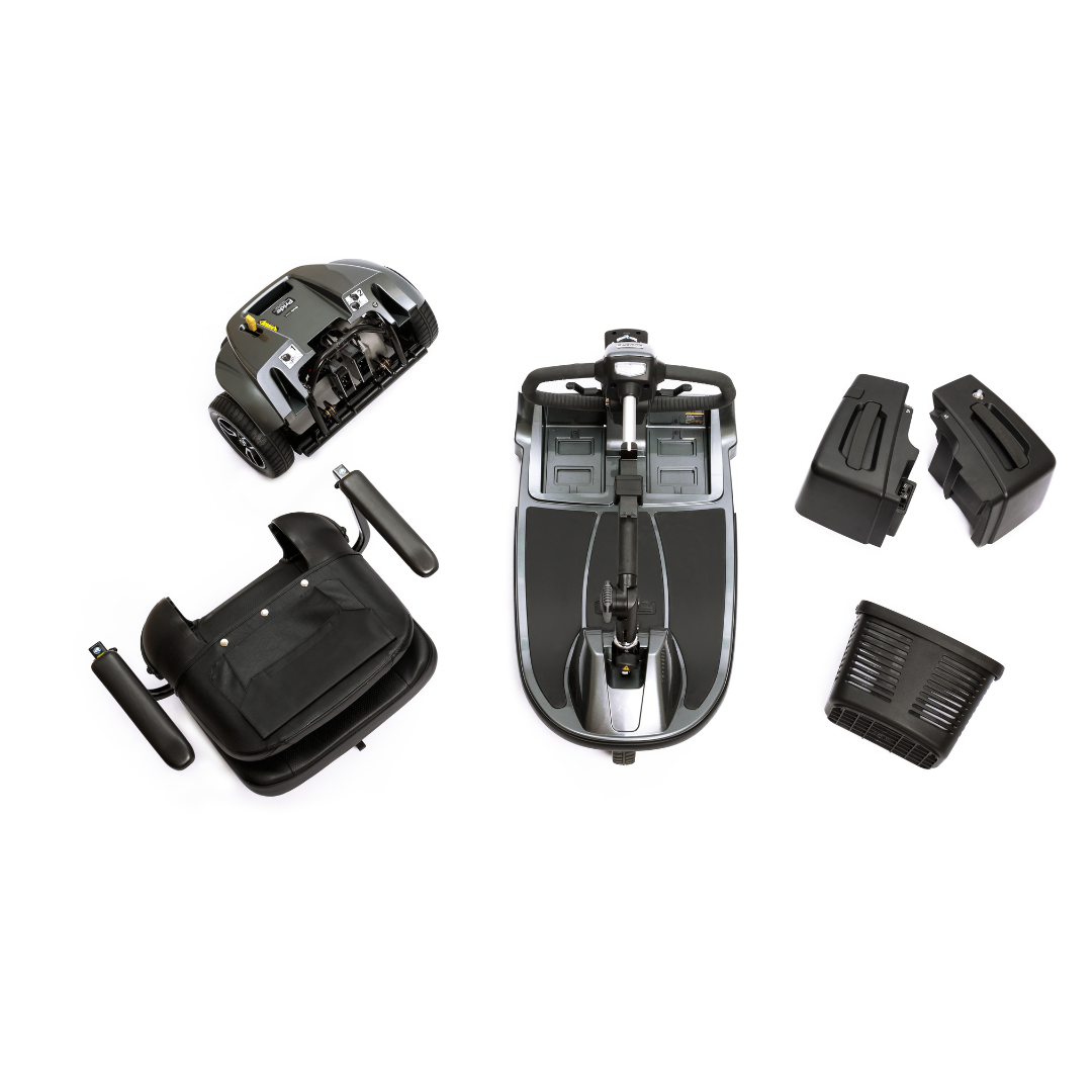 The Pride Mobility Revo® 2.0 3-Wheel Scooter is disassembled into five parts—main base with wheels, seat with armrests, footrest, two battery packs, and a storage basket—arranged on a white background for easy transport.