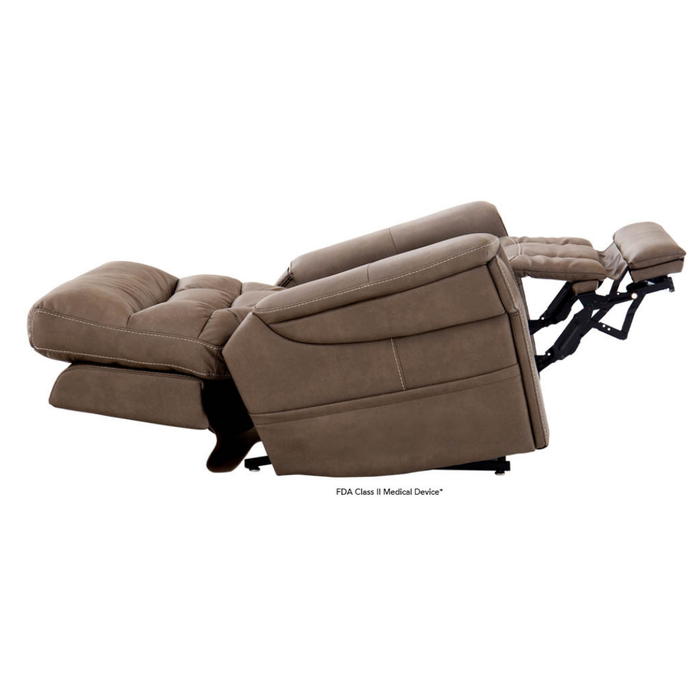 The Pride VivaLift Ultra PLR4955 Recliner with Lift Assist, Heat, and Massage is shown fully extended with a tilted backrest and raised footrest, highlighting VivaLift® technology against a white background.