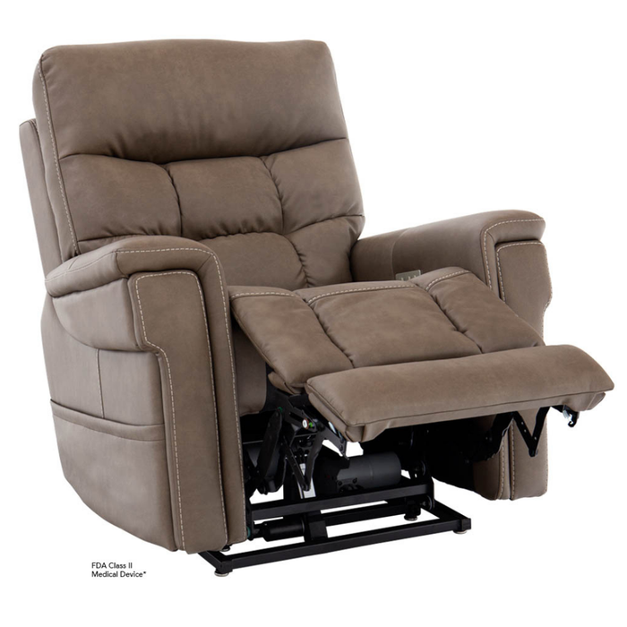 The Pride VivaLift Ultra PLR4955 Recliner with Lift Assist, Heat and Massage features plush taupe upholstery, padded armrests, white stitching, and an extended footrest. Its modern design offers stylish comfort and advanced relaxation.
