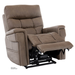 The Pride VivaLift Ultra PLR4955 Recliner with Lift Assist, Heat and Massage features plush taupe upholstery, padded armrests, white stitching, and an extended footrest. Its modern design offers stylish comfort and advanced relaxation.