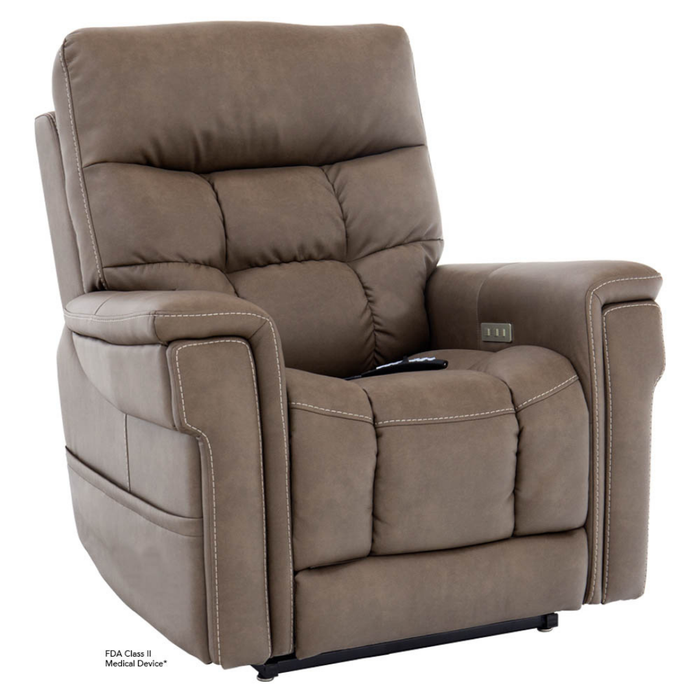 The Pride VivaLift Ultra PLR4955 Recliner with Lift Assist, Heat, and Massage is a plush brown chair with visible stitching, padded armrests, a right-side control panel, remote on the seat, and modern design featuring advanced VivaLift® technology.