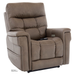 The Pride VivaLift Ultra PLR4955 Recliner with Lift Assist, Heat, and Massage is a plush brown chair with visible stitching, padded armrests, a right-side control panel, remote on the seat, and modern design featuring advanced VivaLift® technology.