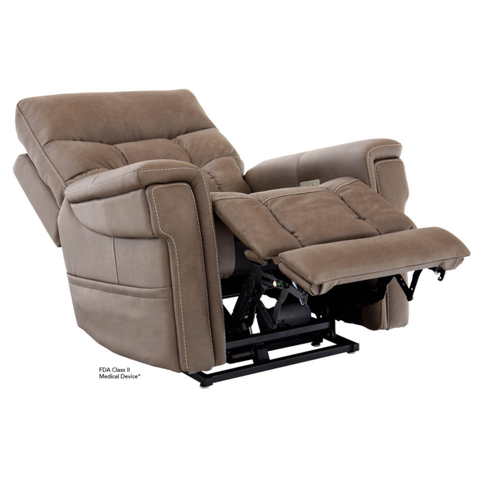 The Pride VivaLift Ultra PLR4955 Recliner with Lift Assist, Heat and Massage is a brown upholstered chair with plush cushions, wide armrests, an extended footrest, and VivaLift® technology, shown partially reclined on a white background.
