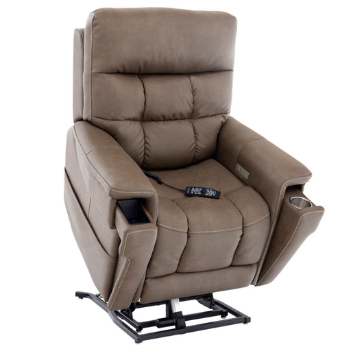 The Pride VivaLift Ultra PLR4955 Recliner with Lift Assist, Heat, and Massage is a brown padded lift chair with cup holder, side pocket, control remote, and footrest. Shown partially raised against a white background.