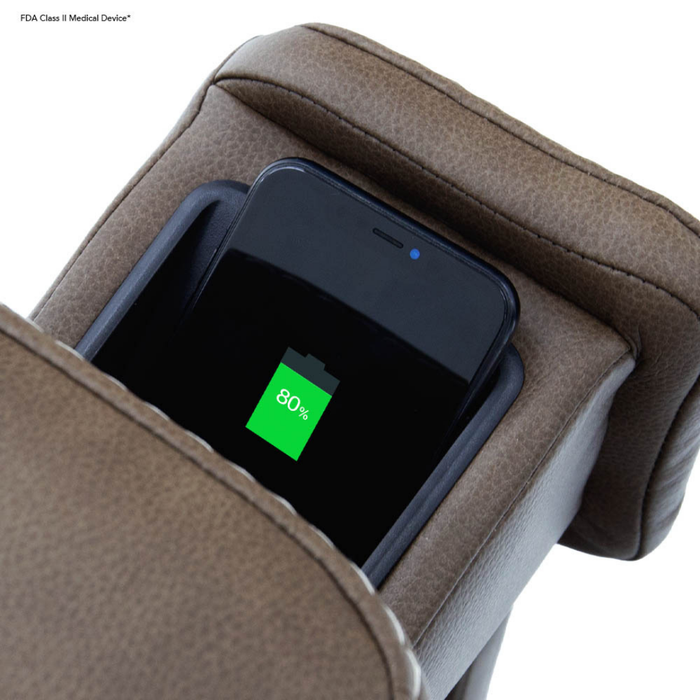 A black smartphone with an 80% charge rests in the built-in slot of a brown Pride VivaLift Ultra PLR4955 Recliner with Lift Assist, Heat, and Massage.
